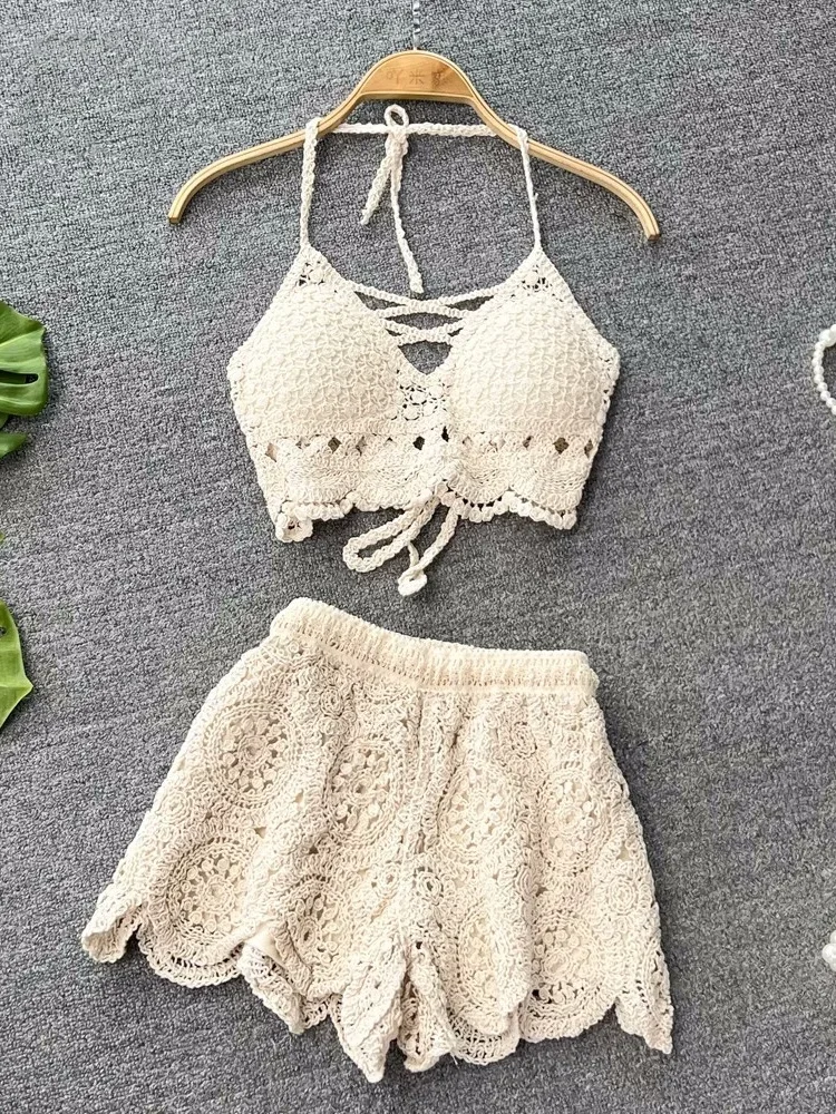 Dzianinowe dwuczęściowe zestawy damskie letnie wakacje Backless Camisole spodenki z elastyczną talią drążą Y2K garnitury w stylu plażowym