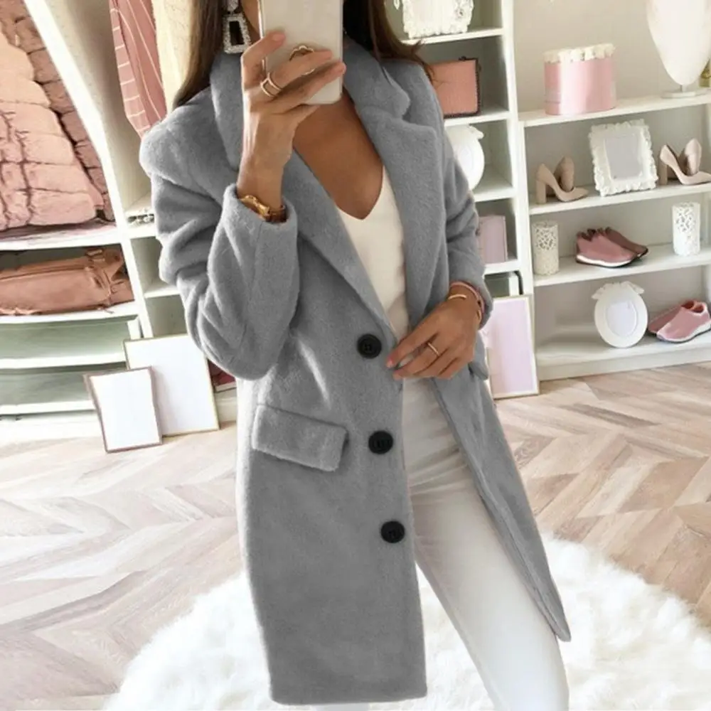 Women Woolen Coat Uit Collar Medium Long Double Row Button Woolen Coat Autumn Winter Long Cardigan Jacket Lady Lapel Jacket Coat