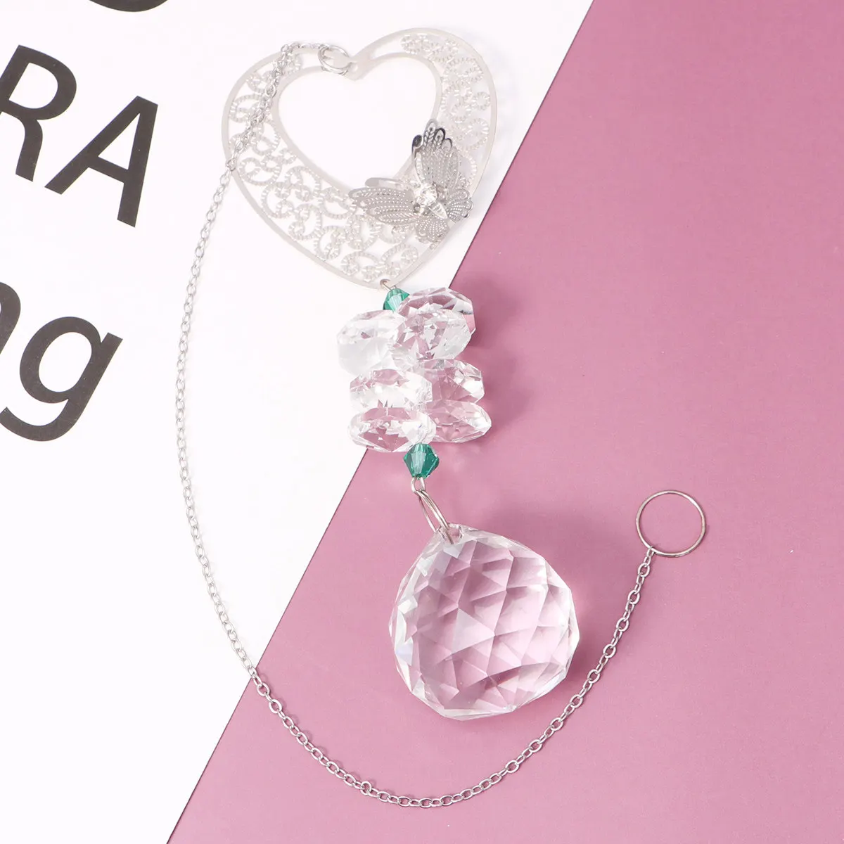 Metal Heart Crystal Ball Lamp Pendant Smooth Fade Resistant Glittering Rainbow Light Reflector Hanging Decoration for Indoor