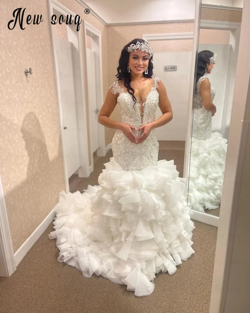 Vestido de novia con volantes de tren de corte magnífico, Dubai, hecho a medida, encaje, tirantes finos, bordado de sirena, vestidos de novia de talla grande