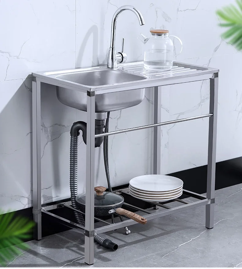 

Stainless Steel Sink Table with Platform Integrated Household Dishwashing and Vegetable Washing with Bracket Kitchen Wash Basin