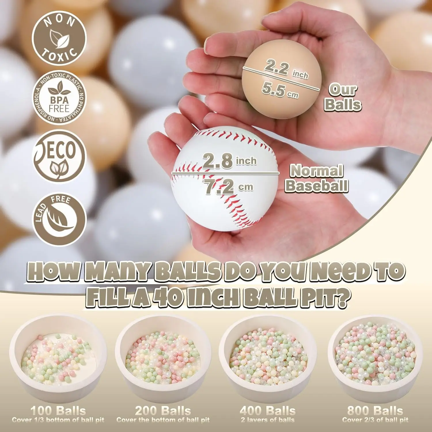 Bolas de plástico para niños pequeños, parque infantil, piscina, decoración de fiesta Pastel para bebés, color Beige, gris claro y blanco, 100 bolas