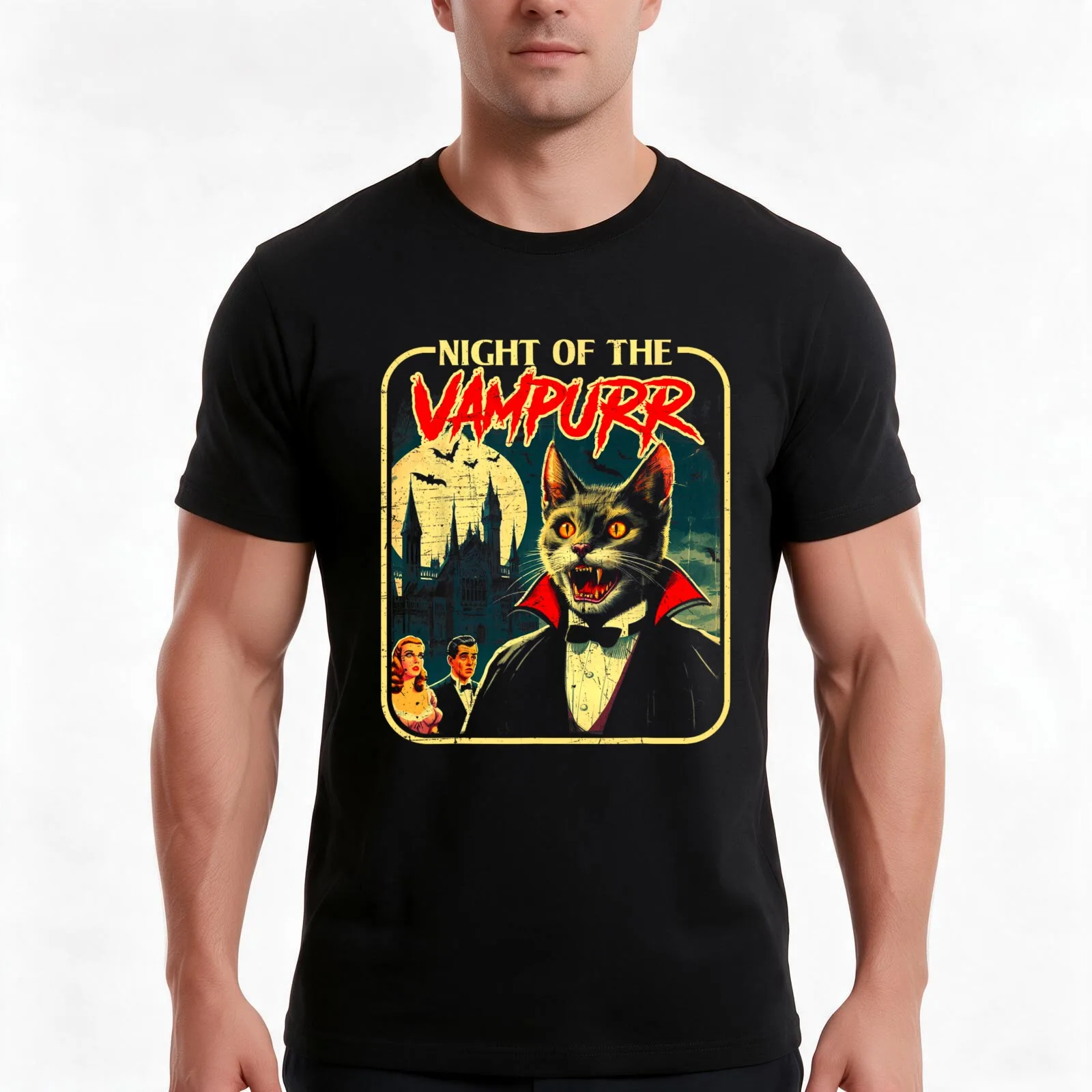 Night Of The Vampurr For Men, For Women, Funny Cat Halloween Gift T-Shirt, Summer Casual Cotton Tee, Oversized Streetwear Tops