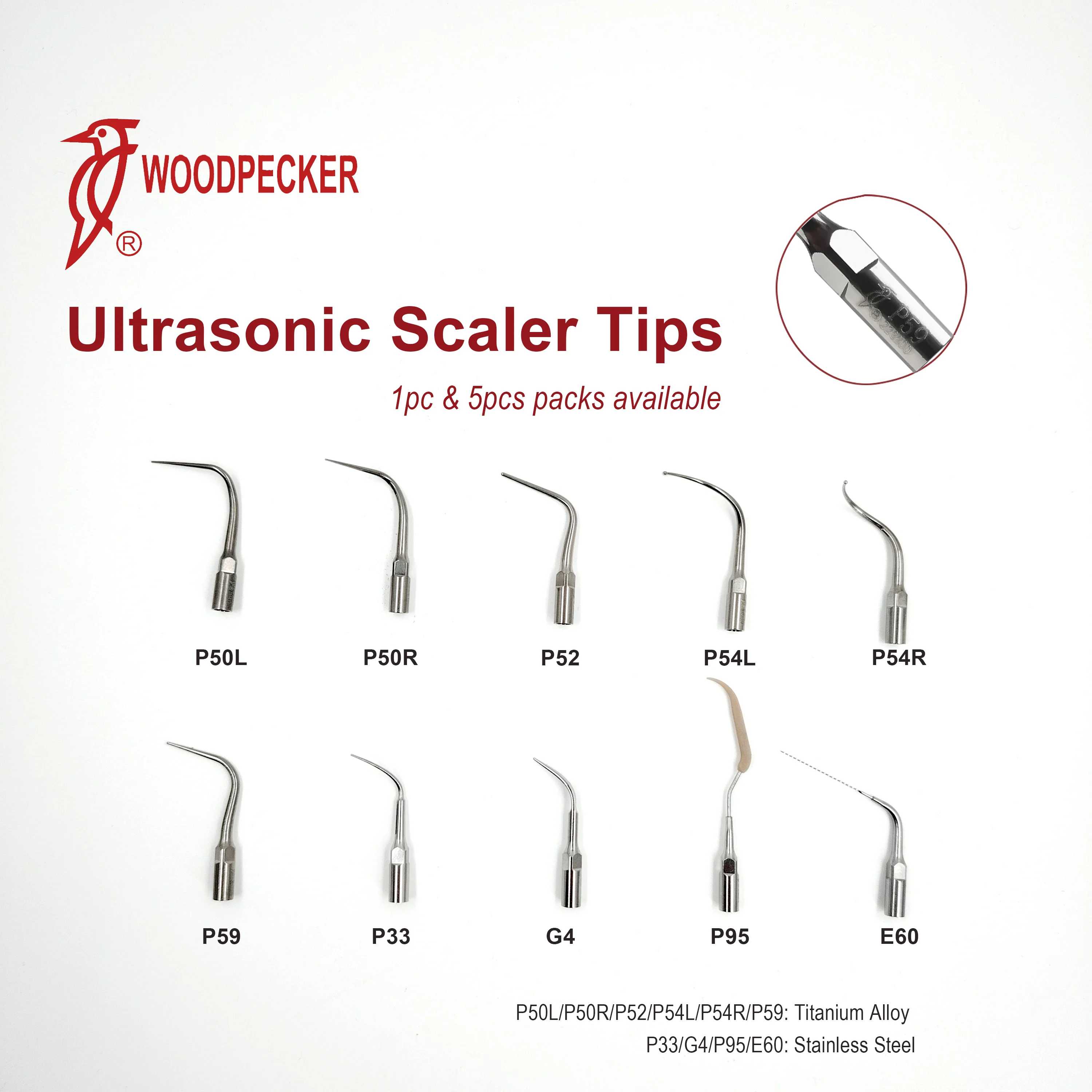 Woodpecker Original Dental Scaler Tips P50L P50R P52 P54L P54R P59 P33 G4 P95 E60 Periodontal Endodontic Implant Clean Fit UDS