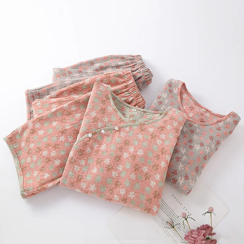 

Women's Thin Cotton Gauze Jacquard Classical Chinese Retro Pajamas Long-sleeved Trousers Suit Loose Leisure Loungewear