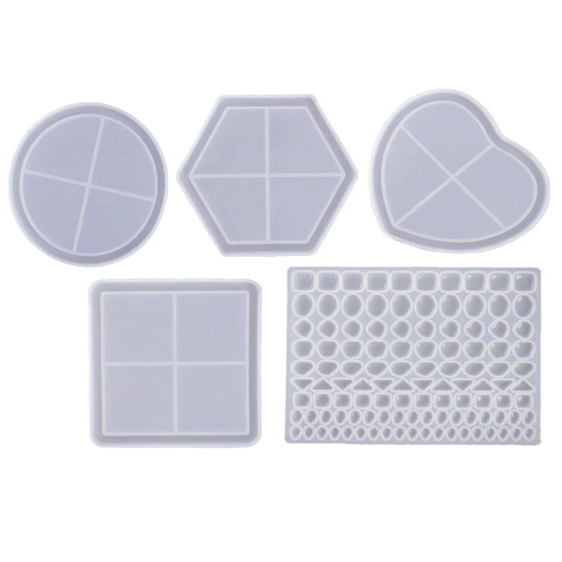 5PC/Set DIY Epoxy Resin Coaster Silicone Mold Heart Hexagon Round Square Irregular Mosaic Coaster Mold Decoration Crafts