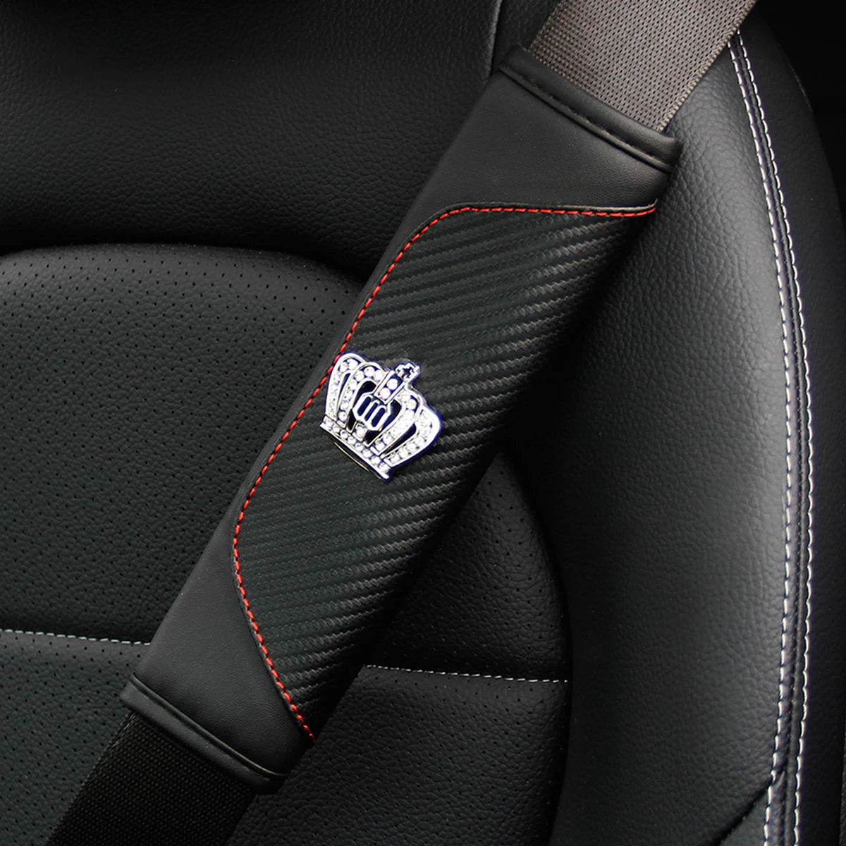 1 set of PU carbon fiber leather diamond-encrusted crown car shoulder guard safety belt decoration for car interior accessories view 6