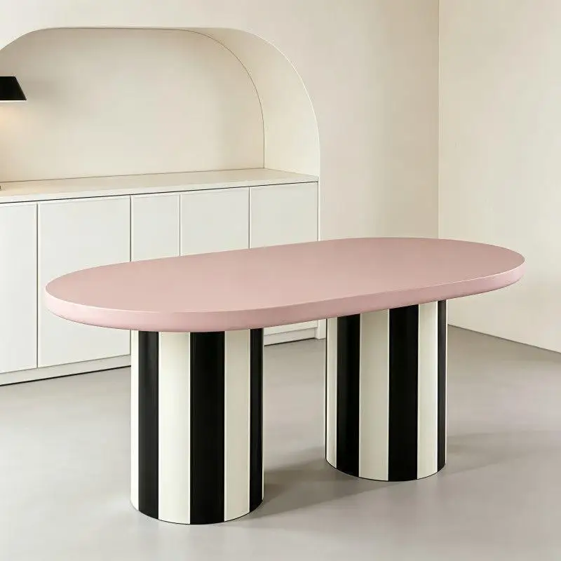 Cream style oval dining table, household table, pink and white stripes, design sense, simple and modern
