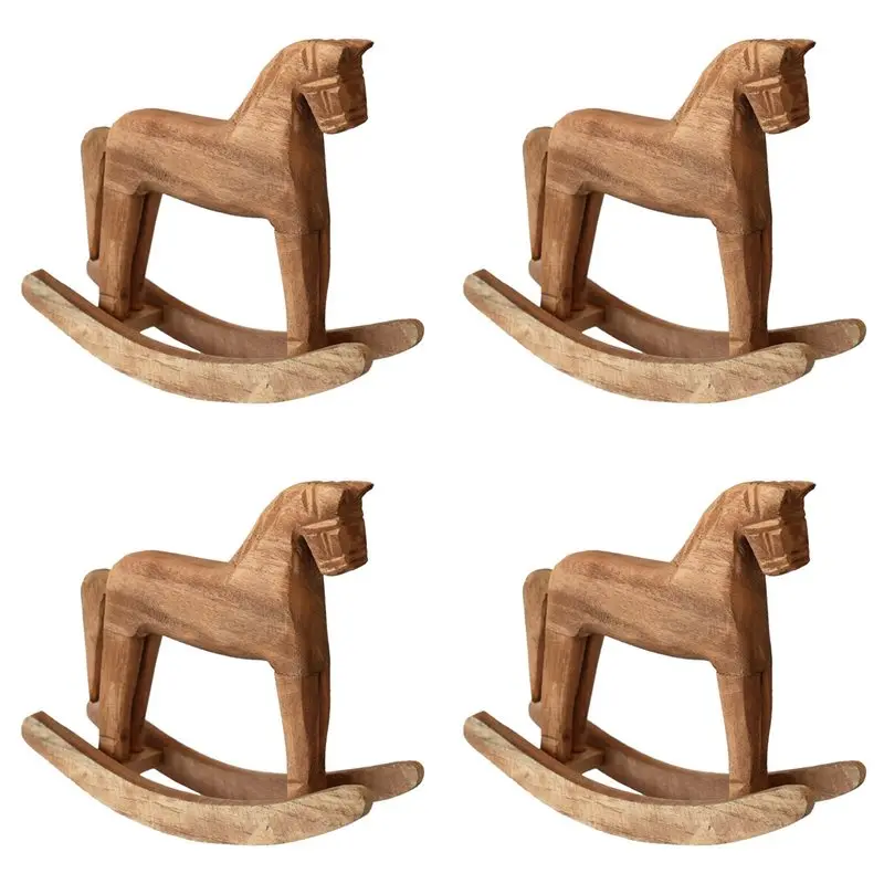 

【FITTING】4X винтажные резные деревянные лошади-качалки, животные, украшенные деревянными резными фигурками лошадей для украшения дома