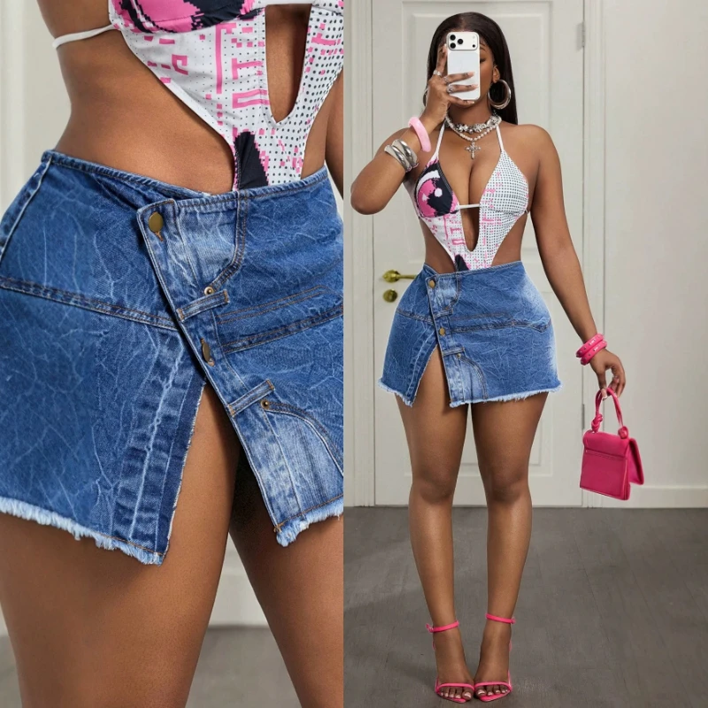 Denim Skirts Women Mid Length Skirt A Line Low Waist Slim Fit Hip Wrap Button Elegant Splice Y2k Streetwear Work 2026 Summer