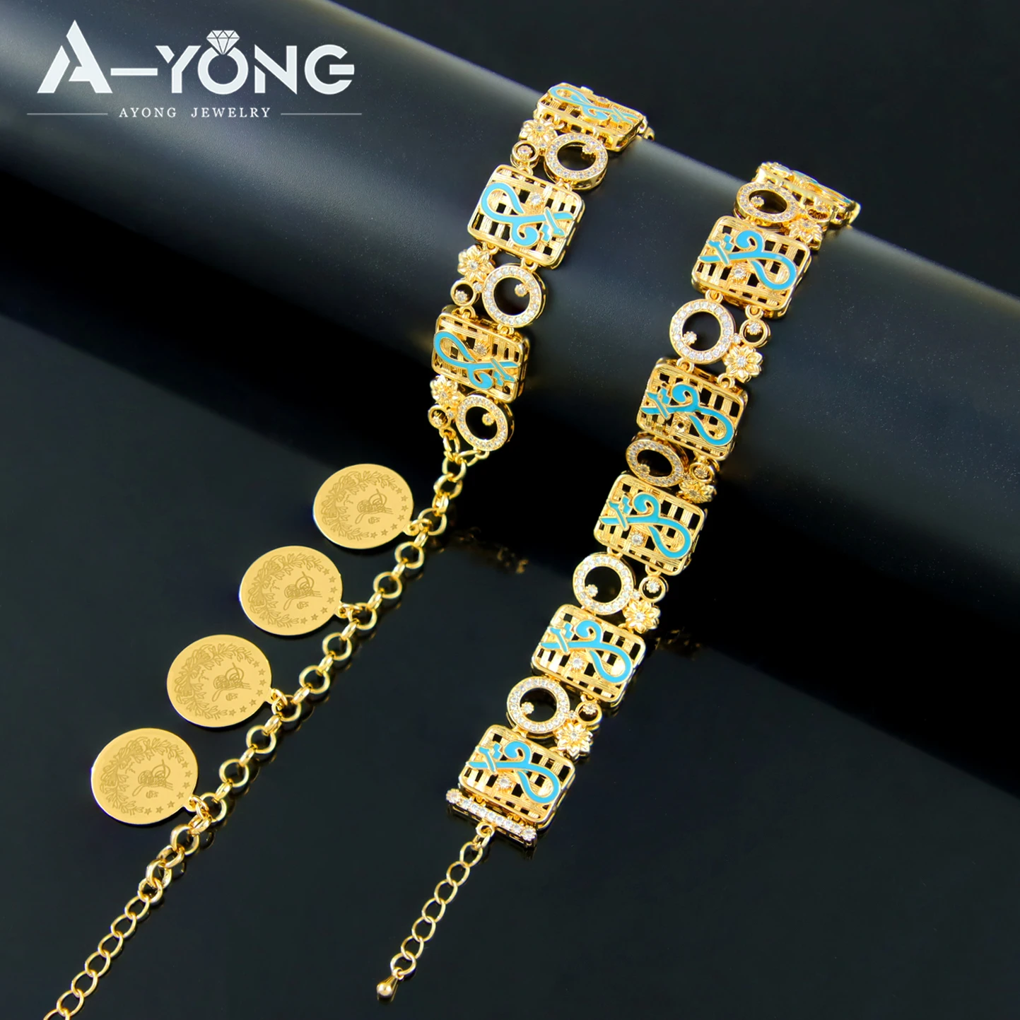 Arab Fashion Gold Color Coins Bracelet 21k Gold Plated Muslim Islamic Lucky Bangles Dubai Women Luxury Event Party Daily Jewelry