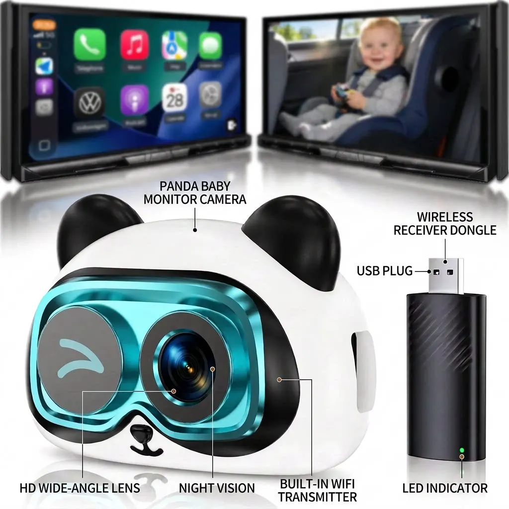 1080P Wireless CarPlay Baby Monitor Adapter Wired-to-Wireless Plug&Play Car Backseat Rearview Infant Pet In-Car Safety Camera