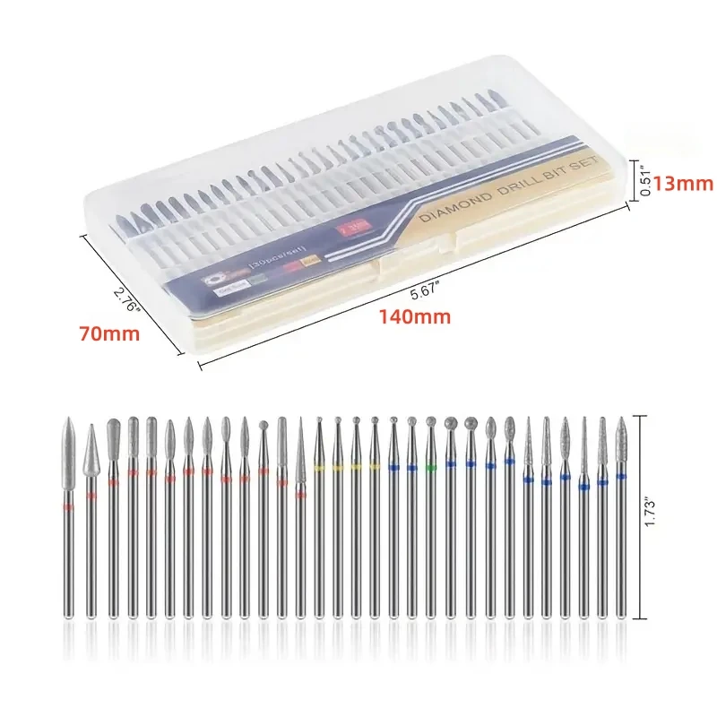 30Pcs/box Diamond Nail Drill Bit Set Russian Style Nail Prep Stainless Steel Cuticle Pusher Removel Back Edge Nail Manicure Tool