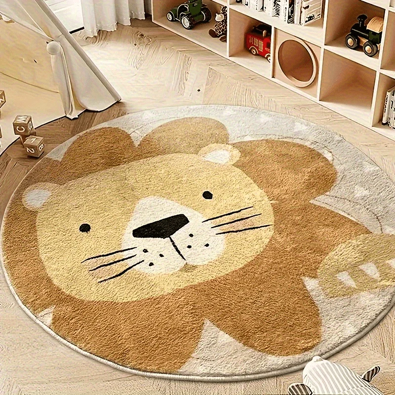 VIKAMA Cute Cartoon Lion Round Carpet Children's Room Bedroom Decoration Soft Non-Slip Playroom Play Mat Home Decoration