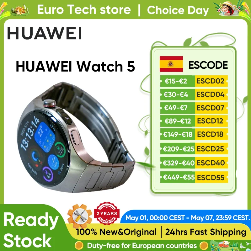 HUAWEI Reloj 5 Smartwatch 1,5 pulgadas AMODLED LTPO Cristal de zafiro 5ATM Impermeable GPS SpO2 Salud Wi-Fi HarmonyOS