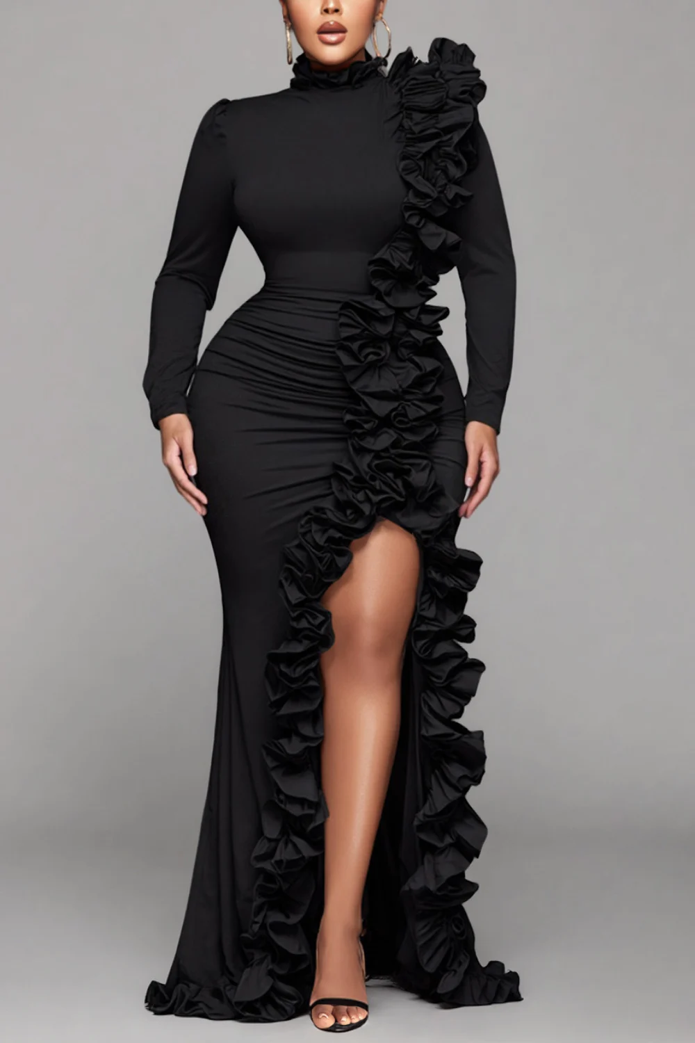 فساتين ماكسي رسمية من الساتان بأكمام طويلة ورقبة دائرية سوداء مقاس كبير #4
