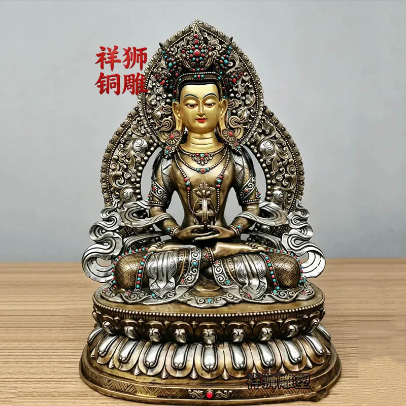 HT Brass gilded silver longevity  Tibetan style  statue for home use in Buddhist halls, backlit ornaments manufacturer wholesale