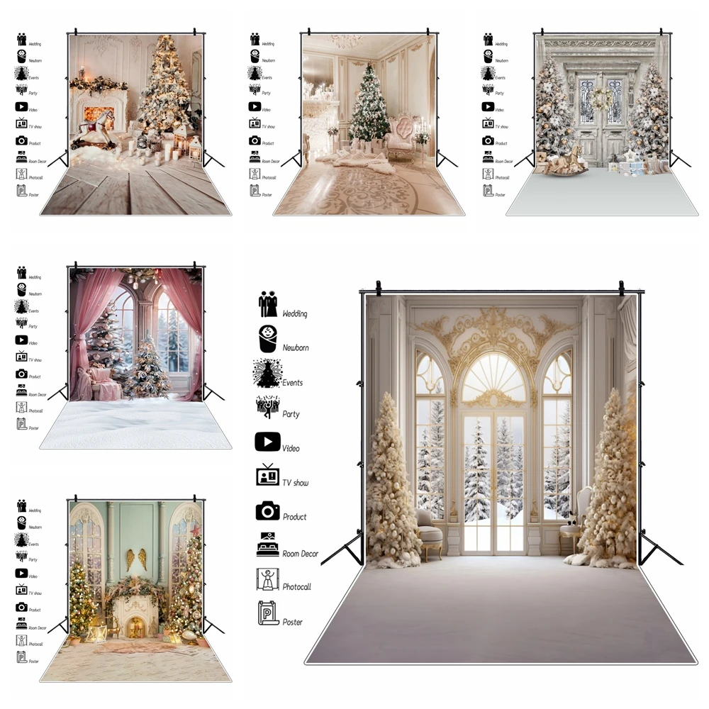 Winter Christmas Backdrop White Palace Wall Xmas Tree Gift Fireplace Window Forest Kids Family Party Photography Background