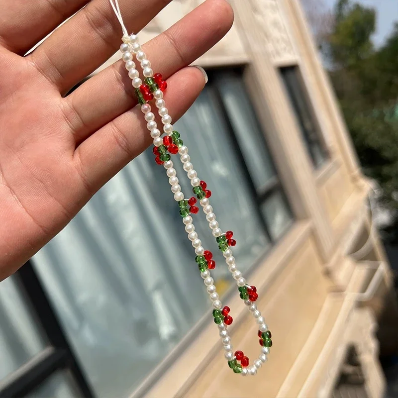 Stylish Cherry Beaded Phone Charm Chain Imitation Pearl for IPhone Accessories for Women Girl Jewelry Strap Lanyard Hanging Cord