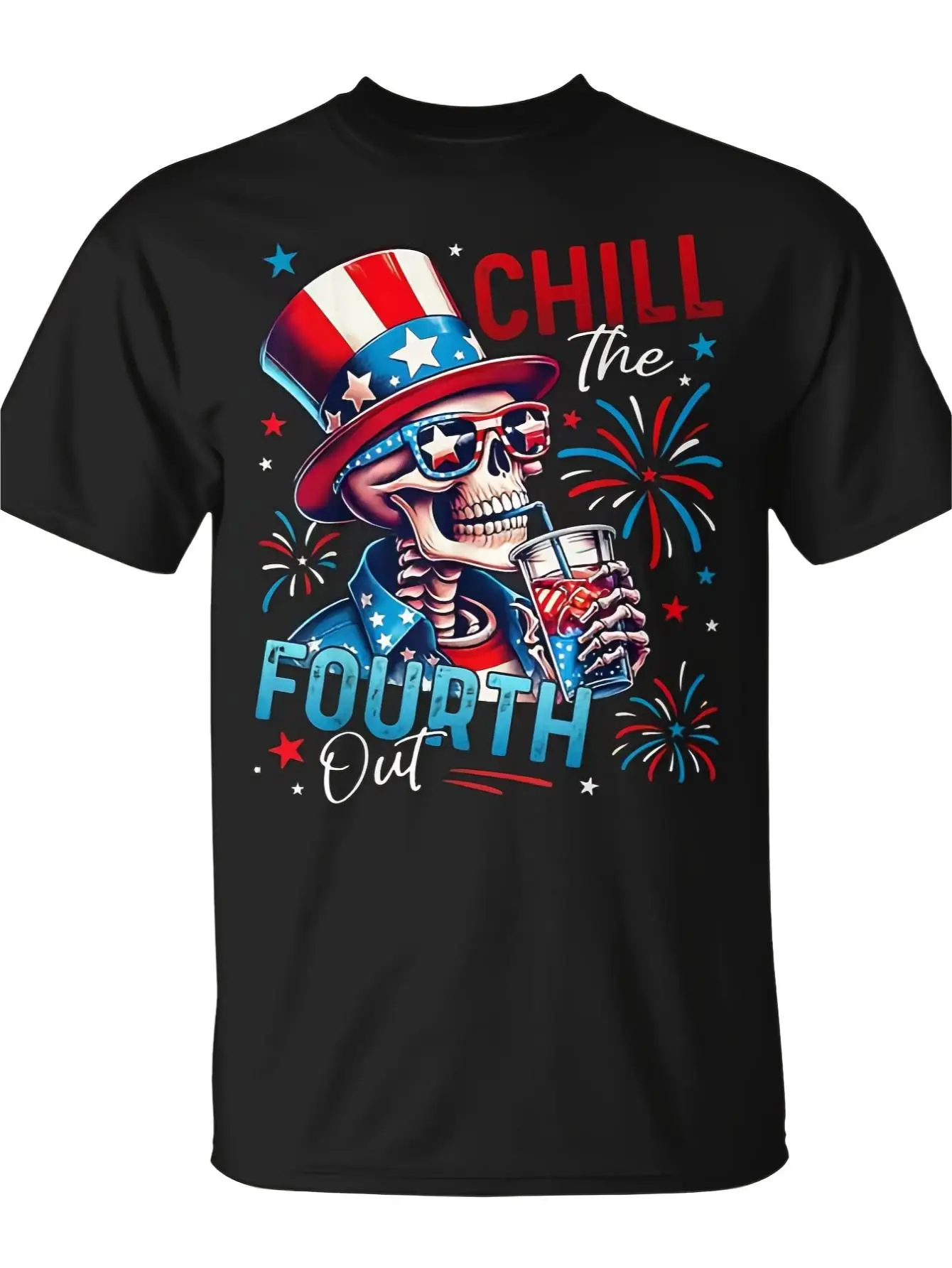 Plus-Size Fourth Quarter Cold Skull Patriotic-Themed T-Shirt, Suitable for Wearing on July 4Th Unisex, Casual Crew Neck, Fashionable Street Style, Comfortable, Suitable for All Seasons, Regular Unisex 2026 Black T-Shirt