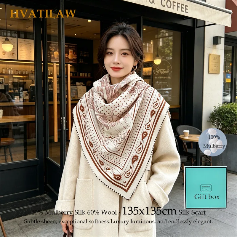 

Silk Wool Scarf Women 40% Silk 60% Wool 135cm Large Square Shawl Wrap Elegant Print Winter Hijab Hand Rolled Hem Bandana Scarves