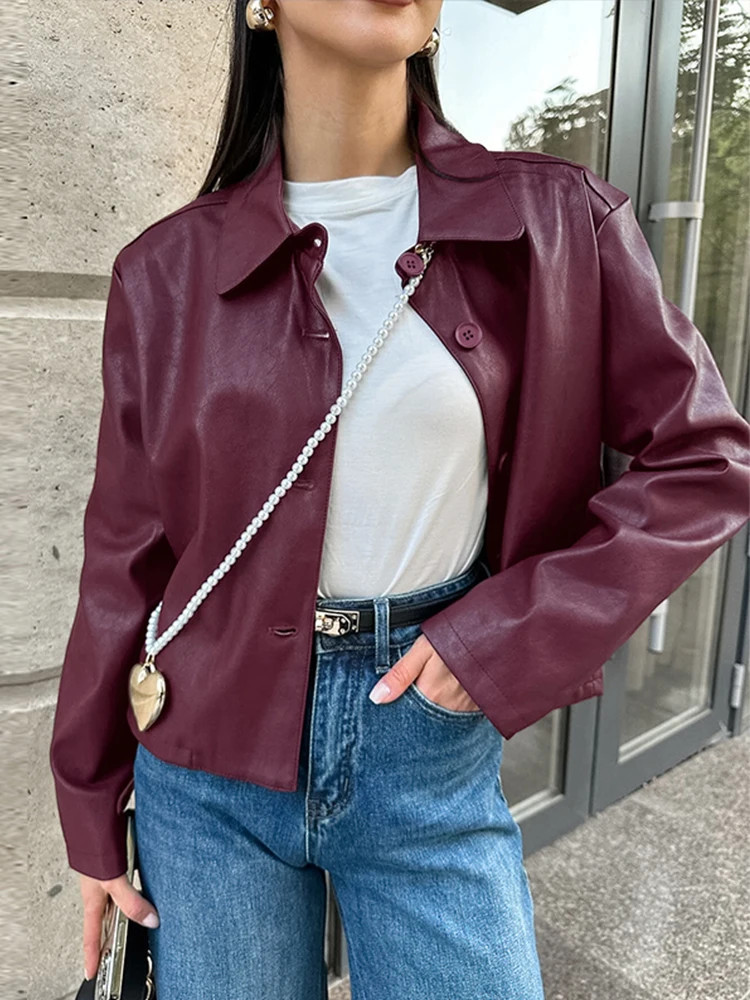 Retro Burgund Revers Leder Jacken Frauen Casual Einreiher Kurze Jacke Weiblichen Frühling Chic Moto Biker Straße Outwear ﻿