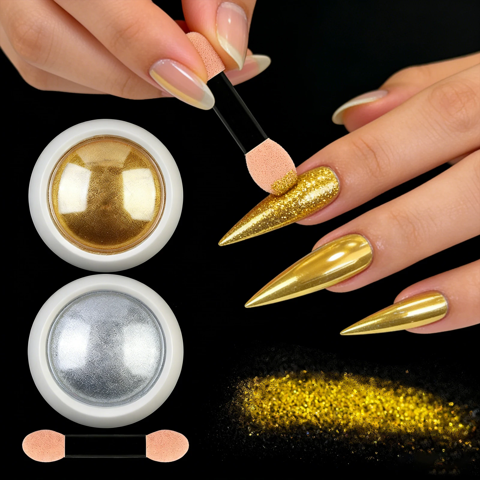 Conjunto de Pó Cromado para Unhas com Efeito Espelhado, Pigmento Metálico Prateado/Dourado com Pincel Esponja para Decoração de Arte em Salão de Manicure