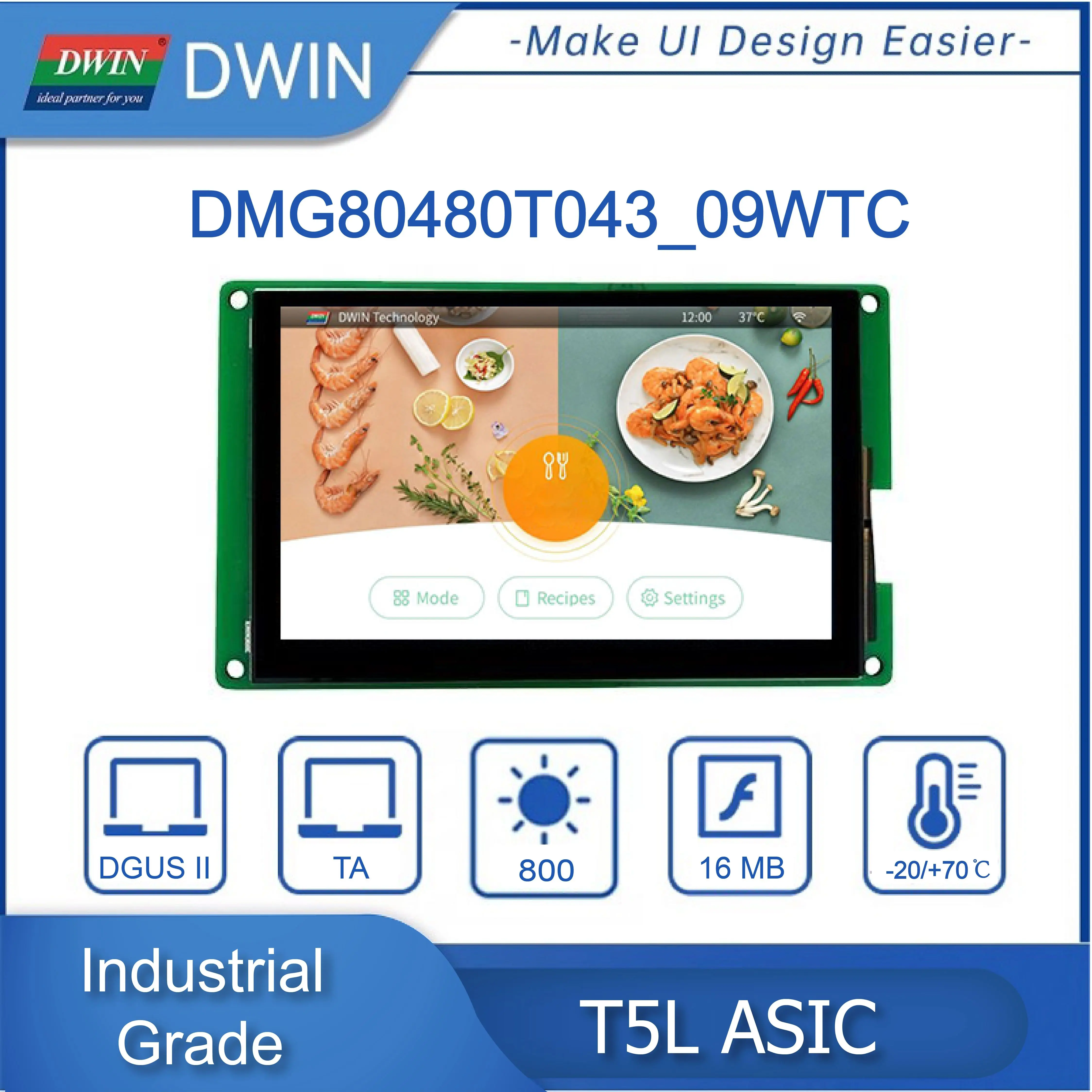 DWIN 4,3-calowy 800x480 TFT LCD moduł wyświetlacza IPS klasy przemysłowej HMI TTL/RS232 ekran dotykowy o wysokiej jasności DMG80480T043_09W