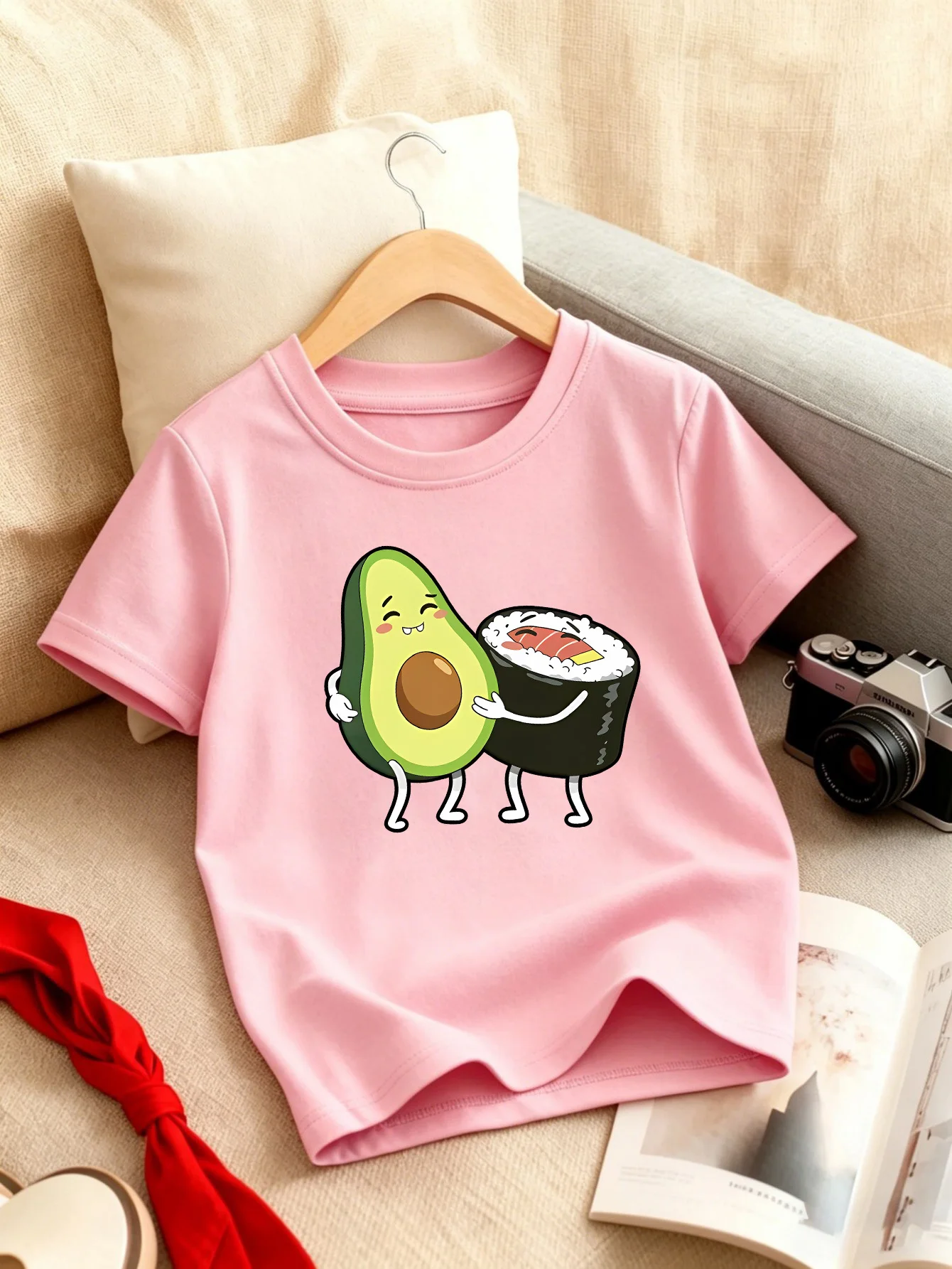 Cartoon Avocado Sushi Hug Pattern Kids T Shirt Boys Girls Short Sleeve Cotton Family Matching Toddler Daily Casual Tops