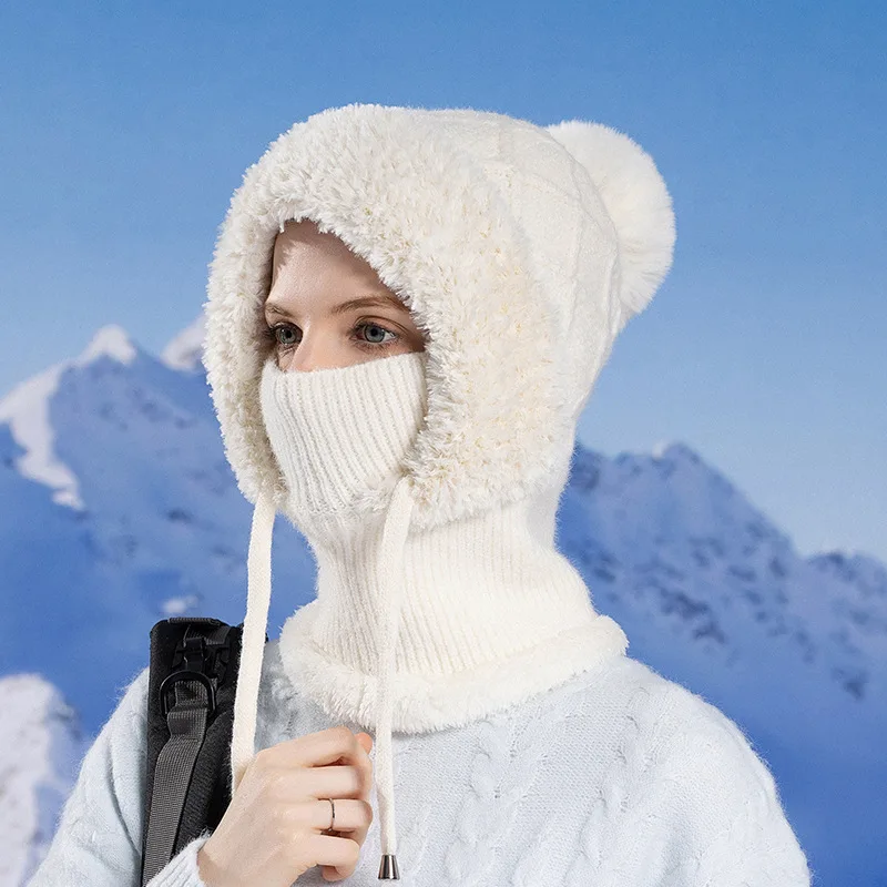 Bonnet en laine pour femme, écharpe tout-en-un, bonnet à manches, garde au chaud, oreillettes, doublé de sourire, bordure, hiver