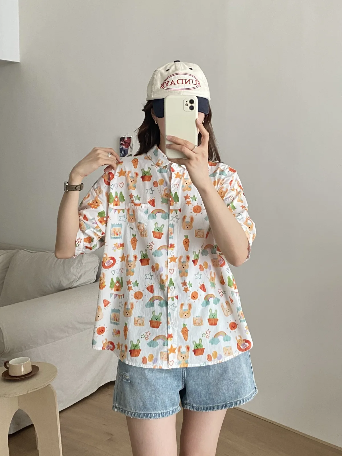 New Spring Cotton Shirt Women Short Sleeve Cartoon Printed Tops Girl Simple Fashion Casual Blouses 2024 Summer T45229QM