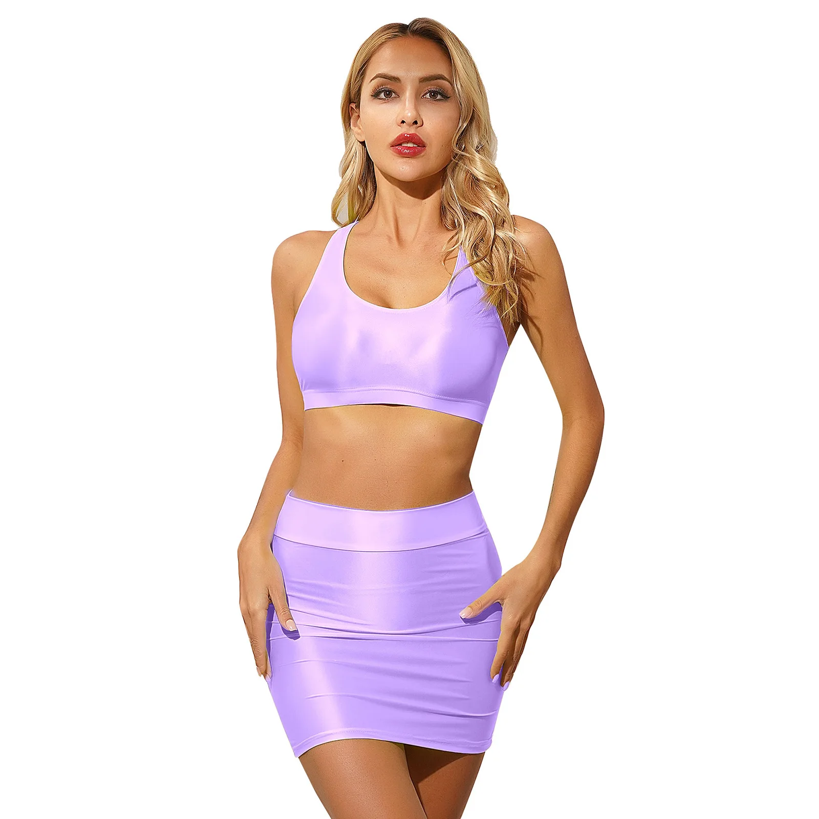 Womens Glossy Oil Shiny Smooth Tank Crop Top with High Waist Pencil Skirts Miniskirt Nightclub Rave Party Pole Dance Clubwear