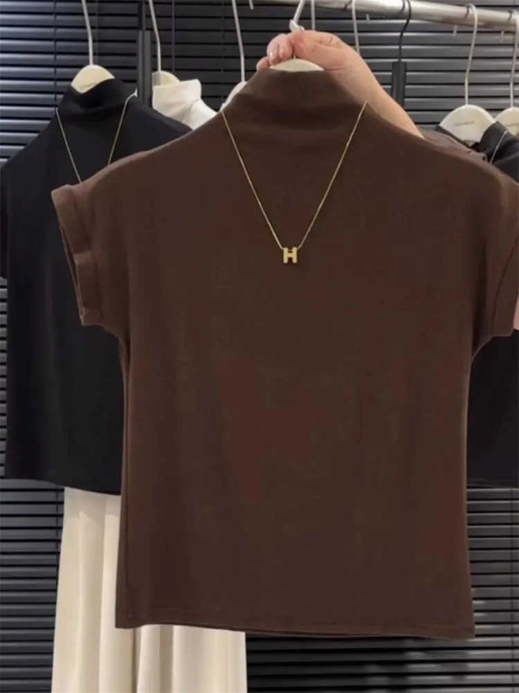Slim Fit Short Sleeve Half High Neck Base Shirt Women's Spring Summer New Style Inner Wear Straight Shoulder Top T-shirt