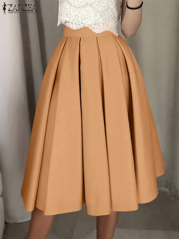 2025 Elegant High Waist Office Pleated Skirts ZANZEA Summer Women Fashion A-line Party Skirt Jupe Vestido Solid Midi Skirt Falda