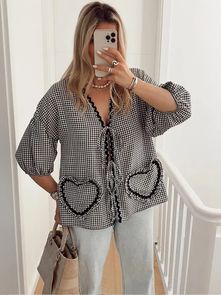 Fashion Plaid Bow Lace Up Tops For Women Casual V Neck Half Puff Sleeve Heart Shape Pocket Blouse Chic Sweet Female Street Shirt