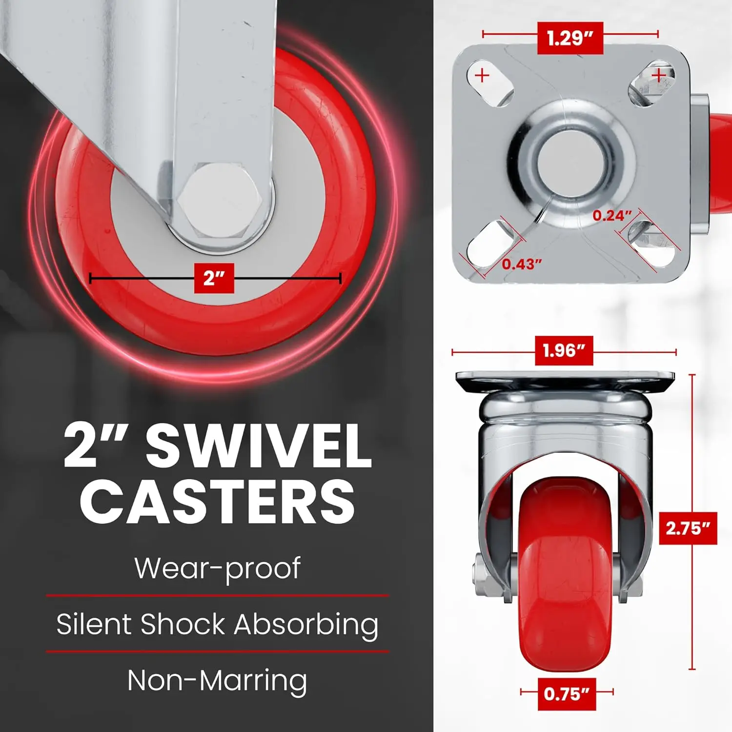 4Pcs/lot 2inch Furniture Caster PVC Red Universal Wheel Swivel Caster Roller Wheel For Platform Trolley Accessory