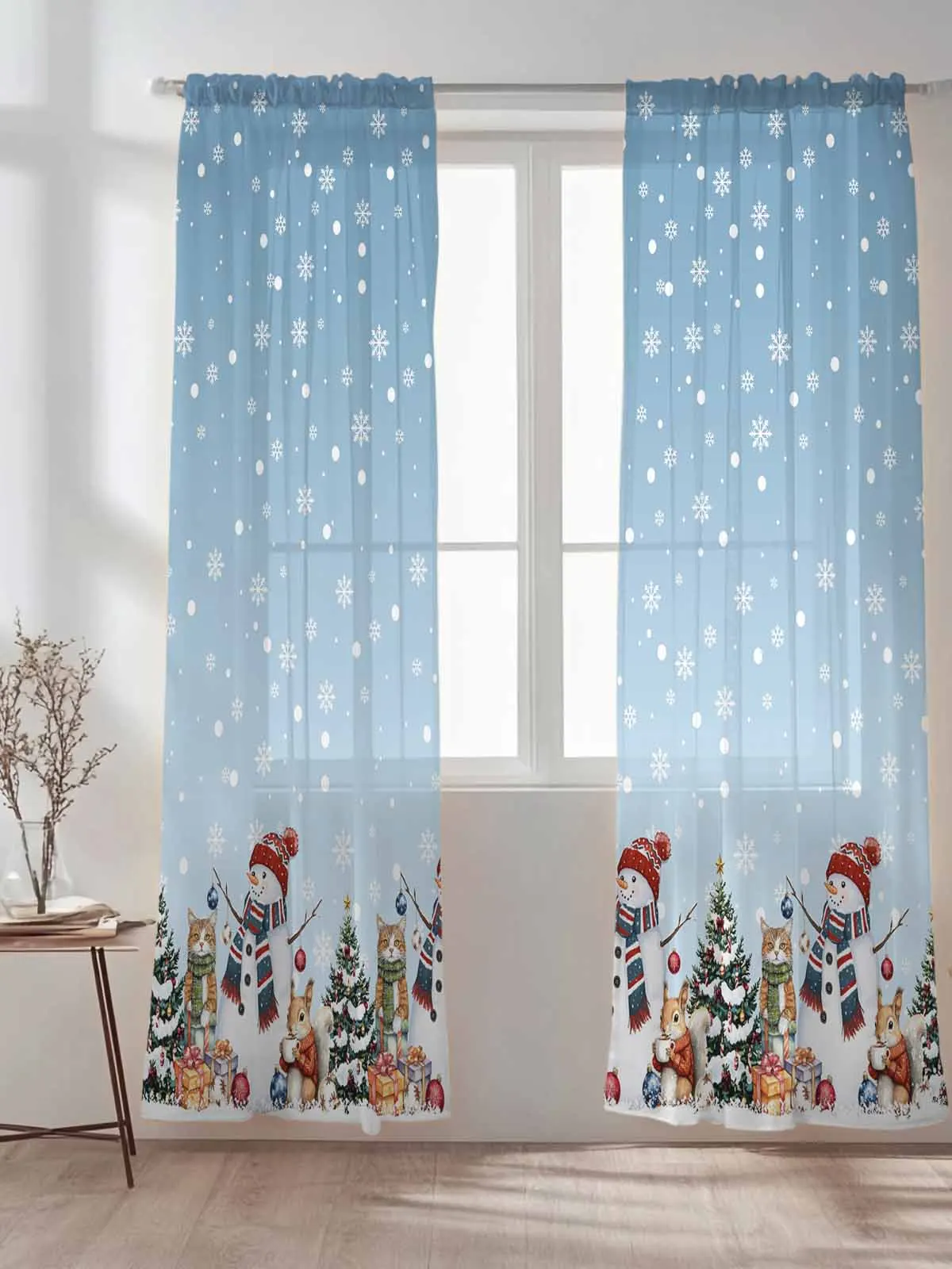

Sky Blue Christmas Snowman Animal Tulle Sheer Curtains for Living Room Bedroom Kitchen Decoration Voile Organza Curtains