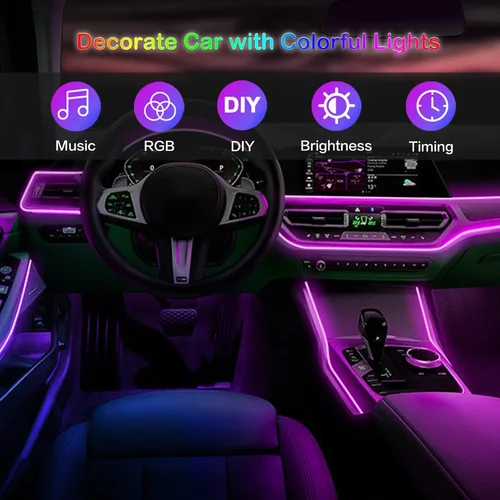 Imagen 2 del producto Tira de luces LED para Interior de coche, Kit de iluminación de neón de ambiente de fibra óptica RGB con Control por aplicación remota, lámparas decorativas para coche