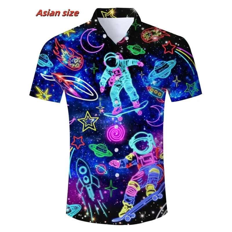 Astronaut Pineapple Graphic Beach Shirt For Men Mushroom Guitar 3D Printed Hawaiian Shirts Summer Loose Short Sleeve Blouses