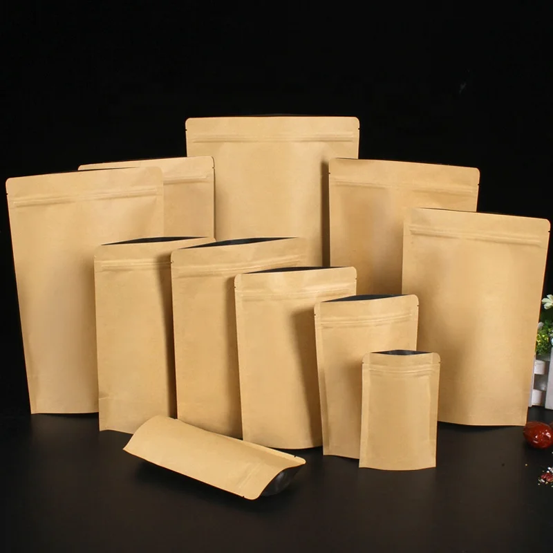 Bolsas de papel Kraft con cremallera para embalaje de alimentos, bolsas de pie con ventana, color marrón y blanco, producto personalizado