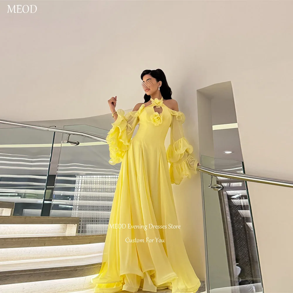 MEOD Yellow Halter Neck A Line Evening Dresses Backless Chiffon فساتين سهرة Off The Shoulder 3D Flower Prom Gown Customized