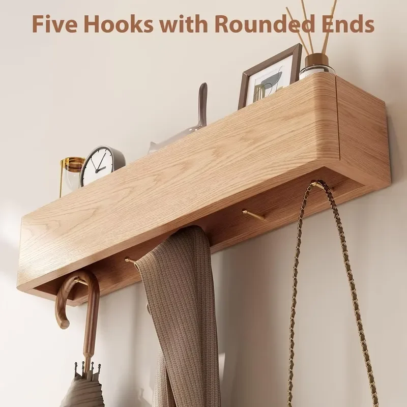 US Stock Wood Wall Mounted Coat Rack 5 Hidden Hooks Heavy Floating Shelves for Entryway Hallway Bathroom Bedroom GYJ091