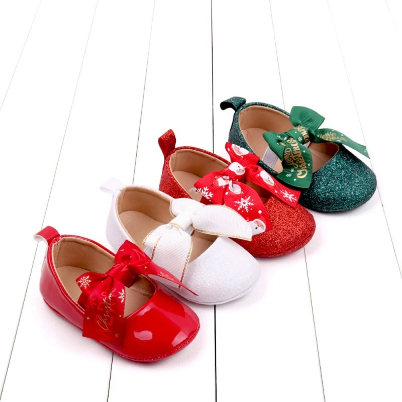 0-1 Years Old New Xmas Baby Girl Shoes Bow Anti Slip Soft Sole Princess Shoes Red New Year Christmas Bow Walking Shoe