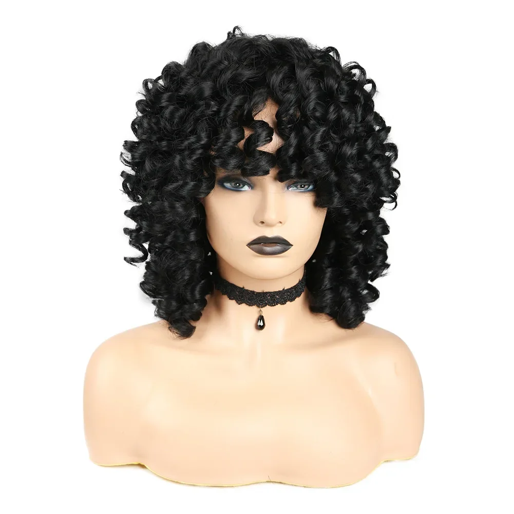 Short Afro Synthetic Orange Kinky Curly Wigs with Bangs for Black Women Natural Heat Resistant Hair Cosplay Highlight Wigs