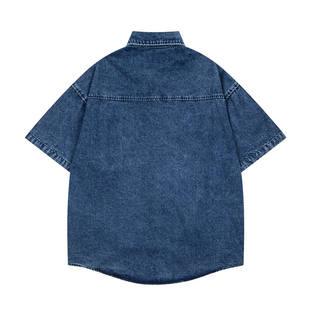 Men Vintage Heavy Duty Flower Embroidered Shirt American Retro Washed Baggy Hip Hop Casual Denim Top