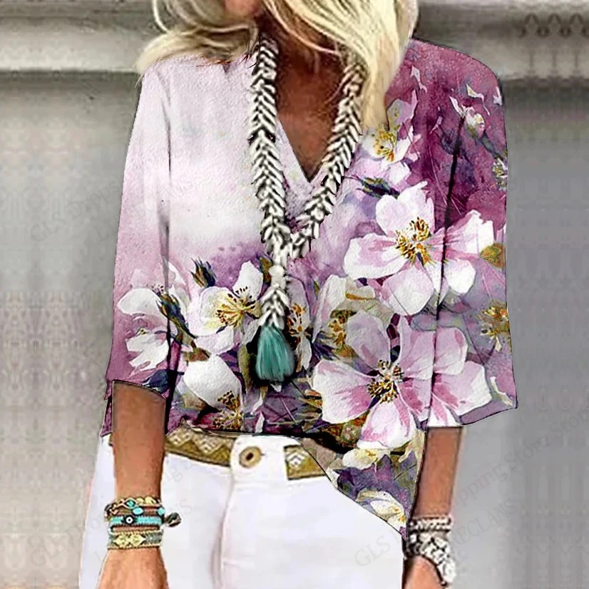 2025 여름 새로운 여성 티셔츠 꽃 꽃 3d 인쇄 Tshirt 여성 패션 v 넥 짧은 소매 오버 사이즈 탑 티 여성 의류