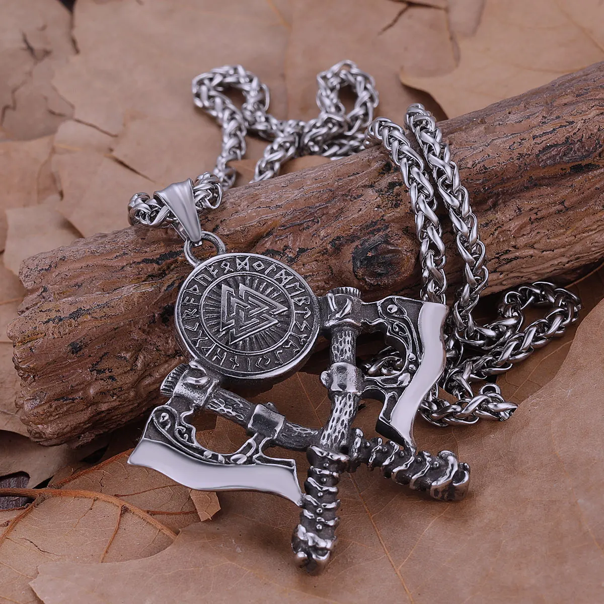 Nordic Vikings Soldier‘s Weapon Axe Shield Pendant Masculine Men Stainless Steel Handmade Necklace Jewelry Gift for Boyfriend