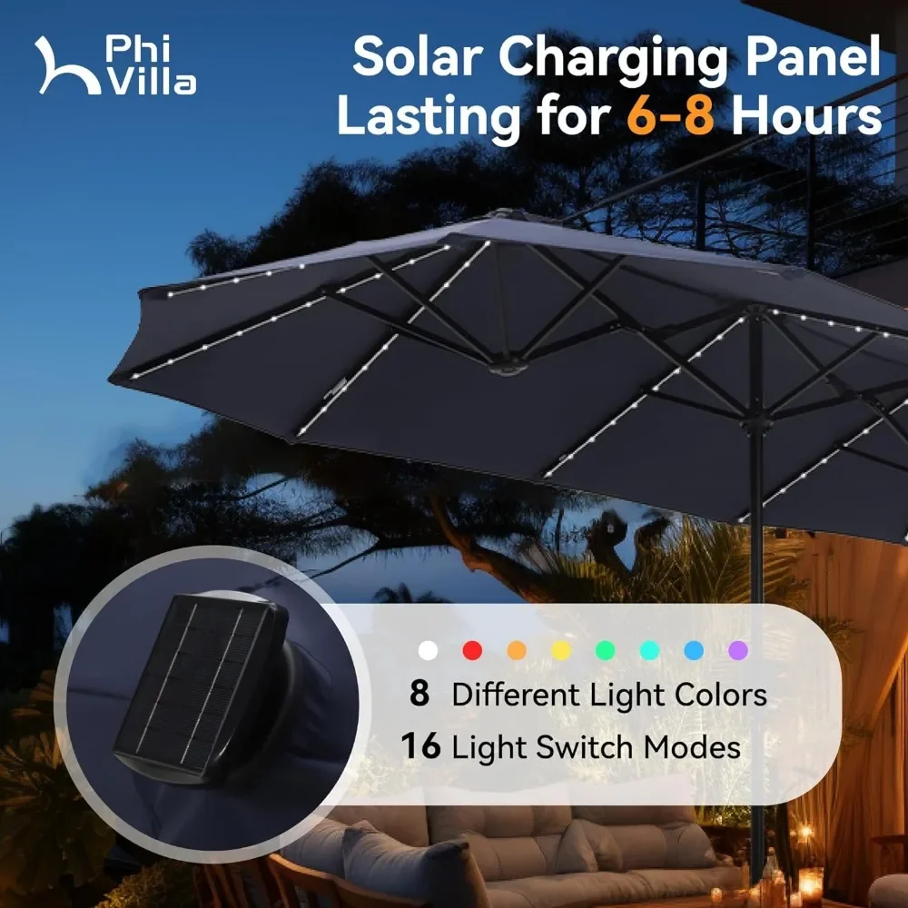 Paraguas de Patio grande con luces solares, sombrilla rectangular de doble cara para mercado al aire libre, con luces LED de 120 piezas, 13 pies