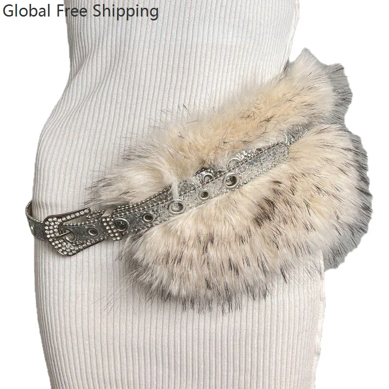 Pasek z futra z dżetami, modny damski pasek do cosplayu, błyszczący pasek z futra, nowy pasek Y2k, uniwersalny pasek z klamrą na szpilkę, gotycki pasek w stylu hot girl