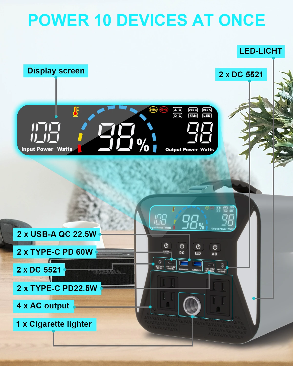 Outdoor Off Grid 300W Lithium Battery Portable Power Station Emergency Power Supply with AC DC USB Type C Outlets